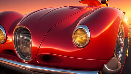  An extreme close up picture of a red colored Roadster in fine detail with headlights with warm lights falling during golden hours.