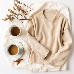 An inviting flat lay featuring cozy winter garments and a mug of warm drink, artfully arranged with an ample empty space for additional text or elements, symbolizing warmth and comfort