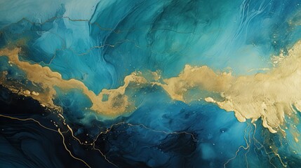 Art luxurious painting in turquoise, green, blue tones with golden strokes