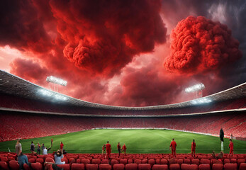 Fiery Atmosphere at Football Stadium, 
Red Smoke Spectacle Over Soccer Arena, 
Intense Sporting Event Atmosphere