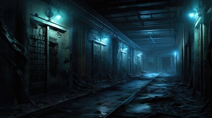 background of creepy interior hallway or tunnel of an abandoned building, concept art, digital illustration, haunted house, scary interior