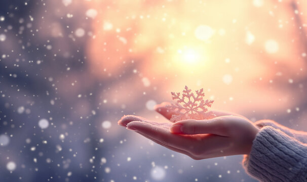 Female hands with sparkling wonderful snowflake or ball on a white snow background. Winter and Christmas concept. Magical fairy tale landscape copy space