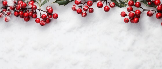 A festive flat lay of vibrant holly berries amidst a tranquil snowy setting, providing a heartwarming and traditional holiday visual. - obrazy, fototapety, plakaty