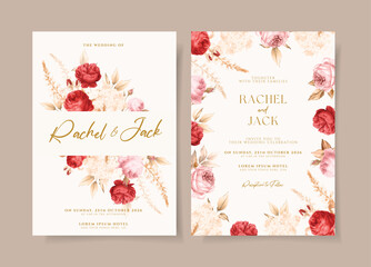 set of wedding invitation card template with dry rose flowers and leaves decoration