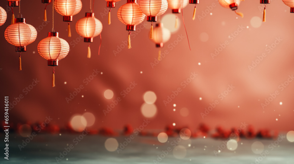 Poster floating lanterns in asian new year ritual background with empty space for text