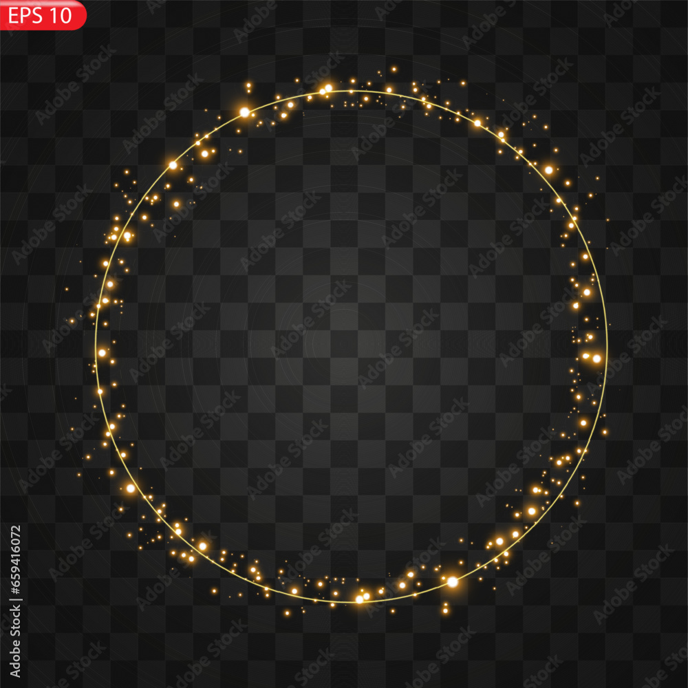 Wall mural Gold circles frame with glitter light effect. A golden flash flies in a circle in a luminous ring.