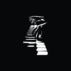 silhouette illustration of hands playing the piano. black and white.