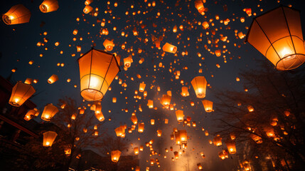 Lanterns float skyward casting blessings and hope during Asian New Year  - obrazy, fototapety, plakaty