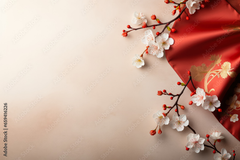 Poster silk kimono patterns symbol of prosperity in asian new year background with empty space for text
