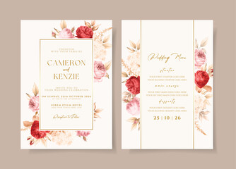 beautiful red pink floral wreath wedding invitation card template