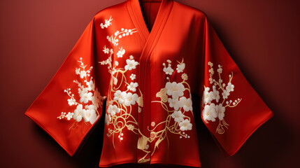 Traditional Asian New Years silk kimono isolated on a gradient background 
