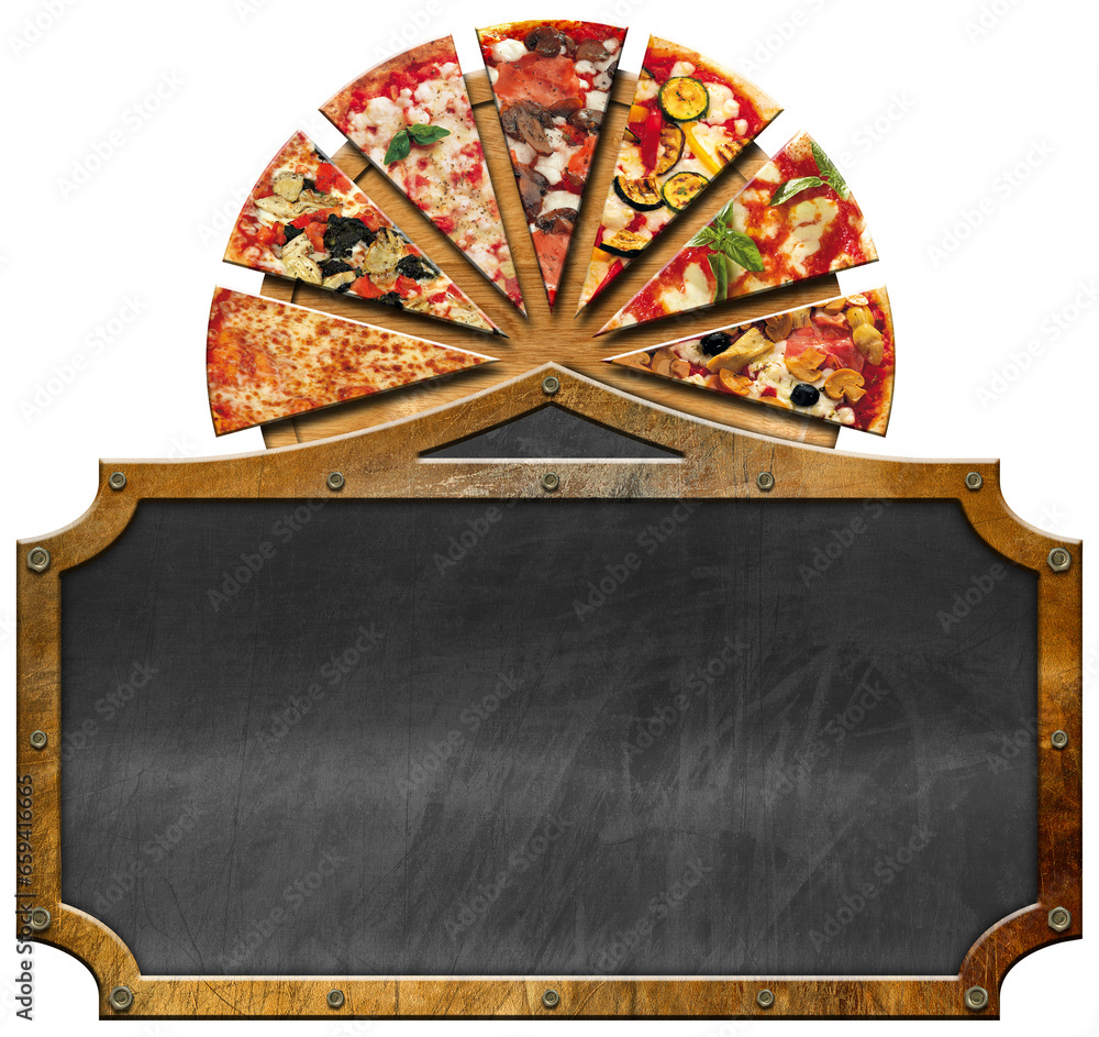 Poster template for a pizza menu. wooden and metal sign with slices of pizza and empty blackboard with copy