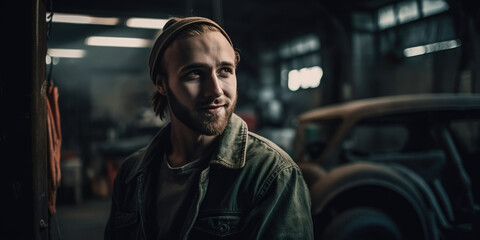 Man in the Workshop or Garage Portrait of a Man in Car Repair Shop. Simple Guy is the Driver, Worker