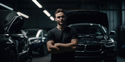 Man in the Workshop, Garage or Parking. Portrait of a Muscular Man posing confidently at Car Repair Shop. Guy is the Driver, Worker, Employee, Manager