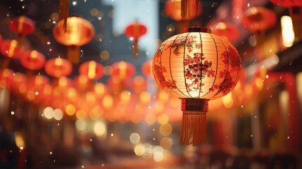Chinese New Year, red lanterns on city street, blurred background. Generative AI
