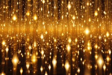 Gold glitter ribbons abstract background, light twinkle, shiny glitter and bokeh garland rain. Generative AI