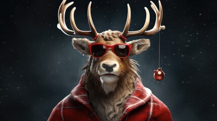 Brutal Christmas reindeer - hipster, wearing sunglasses. Generative AI - obrazy, fototapety, plakaty