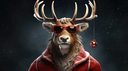 Foto op Plexiglas Brutal Christmas reindeer - hipster, wearing sunglasses. Generative AI © masharinkaphotos
