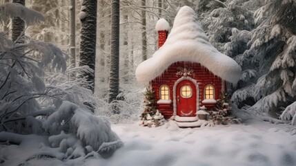 Red gnome or santa claus house in winter snowy forest. Happy Christmas background. Generative AI - obrazy, fototapety, plakaty