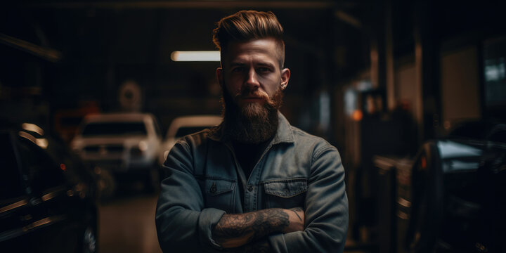 Man in the workshop or garage. Portrait of a muscular red-haired man with a beard and tattoos posing confidently with arms crossed at car repair shop
