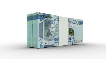 3d rendering of Stacks of Guinean Franc notes. Few bundles of Guinean currency isolated on transparent background