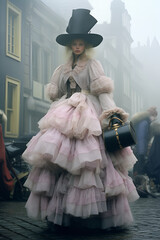 Girl model in a lush pink dress, standing on the street of Amsterdam. Photo shoot in vintage style. Fog and smog on the street. - 659417059
