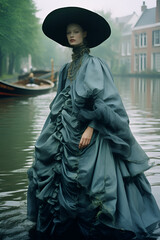 Girl model in a lush gray dress, standing on a bridge over the Amsterdam canal. Big dark round hat. Photo shoot in vintage style. Fog and smog on the street. - 659417076