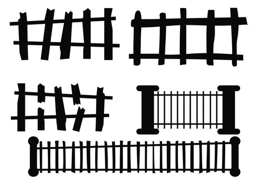 vector set of silhouettes of broken house fences, yard fences, Halloween elements, vector collections