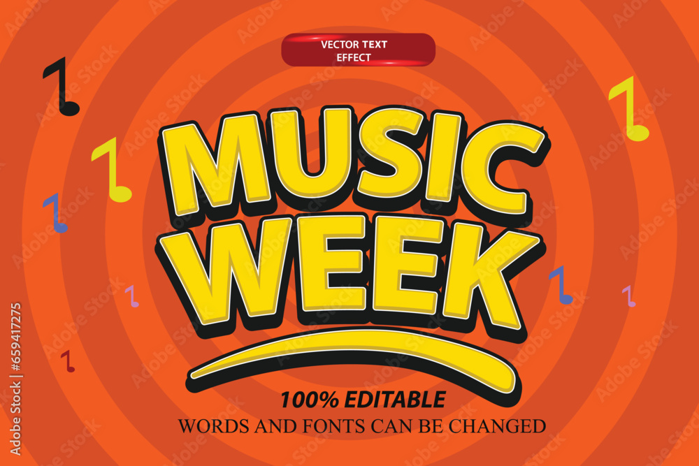 Poster 3d editable text effect music week logotype and headline typography bright orange with background an