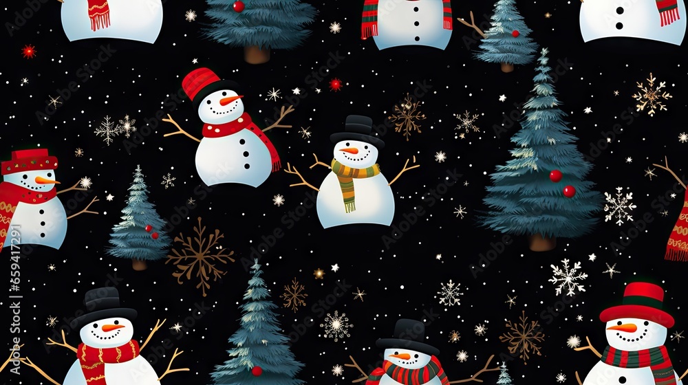 Poster a black background with snowmen and trees in the snow. generative ai
