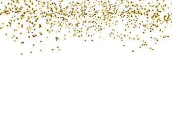 Gold color confetti falling down, PNG. Gold Foil Frame on transparent background. design element for posters, flyer, invitation, Christmas birthday decoration