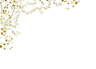 Gold color confetti falling down, PNG.  Gold border. Gold Foil Frame on transparent background. design element for posters, flyer, invitation, Christmas birthday decoration