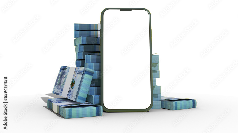 Poster 3d rendering of a mobile phone with blank screen in front of stacks of 20000 guinean franc notes iso