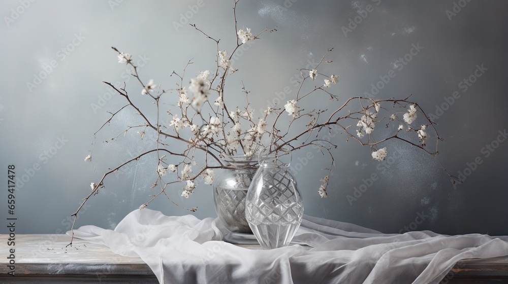 Poster a vase with flowers in it sitting on a table next to a curtain. generative ai