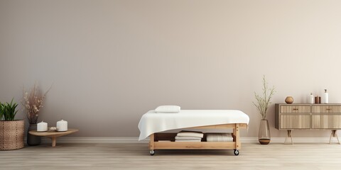 A welcoming and soothing flat lay view of a massage therapy room, showcasing an organized display of essential oils, massage tools, and a neatly prepared table, ready to provide a rejuvenating