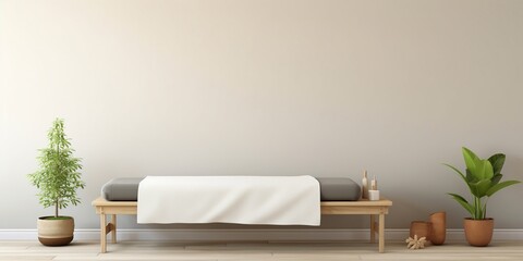 A welcoming and soothing flat lay view of a massage therapy room, showcasing an organized display of essential oils, massage tools, and a neatly prepared table, ready to provide a rejuvenating