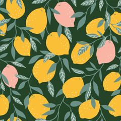 Fruit seamless pattern. Vector hand-drawn lemon repeat background. Tropical garden vintage print design.