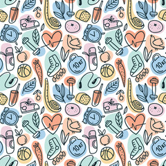 Vector abstract seamless pattern design. Healthy life style concept. Sport and healthcare repeated background in hand-drawn doodle style.
