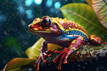 Poison vivid color frog. Poisonous animal of tropical rainforest. Pet in terrarium - obrazy, fototapety, plakaty