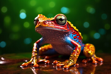 Poison vivid color frog. Poisonous animal of tropical rainforest. Pet in terrarium