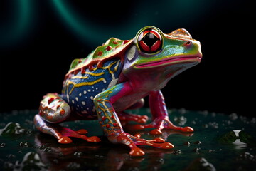 Poison vivid color frog. Poisonous animal of tropical rainforest. Pet in terrarium