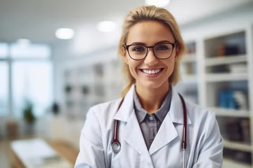 Poster Young white woman wearing doctor uniform and stethoscope with a happy smile. Lucky person © Canvas Alchemy