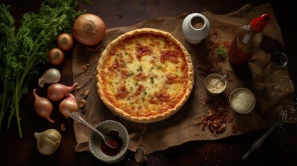  a pizza sitting on top of a table next to garlic.  generative ai