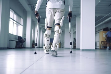 Legs of disable man in the robotic exoskeleton walking through the corridor of the rehabilitation clinic - obrazy, fototapety, plakaty
