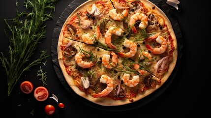  a pizza topped with shrimp and veggies on a black surface.  generative ai