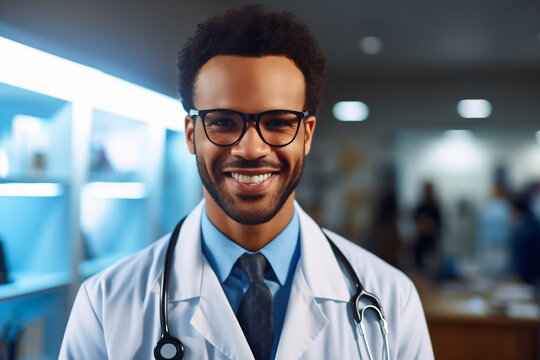 Young mulatto handsome man wearing doctor uniform and stethoscope with a happy smile. Lucky person