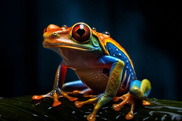 Fototapeta premium Poison vivid color frog. Poisonous animal of tropical rainforest. Pet in terrarium