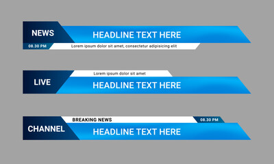 Newscast lower third banner vector. Set of lower third bar templates for breaking news, sports news on television, video and media online