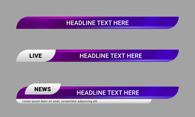 Newscast lower third banner vector. Set of lower third bar templates for breaking news, sports news on television, video and media online