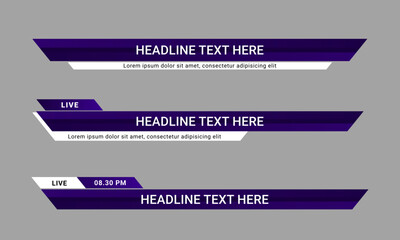Newscast lower third banner vector. Set of lower third bar templates for breaking news, sports news on television, video and media online